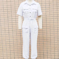 Fashion Casual Pocket Solid Color Short Sleeved Women Jumpsuit Spring Autumn New Waistband Female Shirt Work Overalls Pants - Lady T Fashions