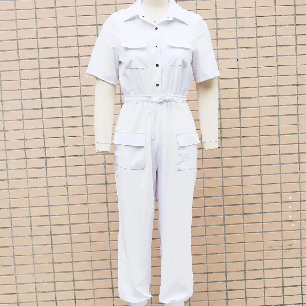 Fashion Casual Pocket Solid Color Short Sleeved Women Jumpsuit Spring Autumn New Waistband Female Shirt Work Overalls Pants - Lady T Fashions