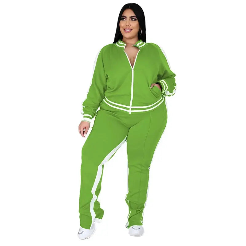 Plus Size L-5XL Two Piece Set Women Sweatsuit Zip Striped Top Slit Sweatpants Jogger Outfit Matching Set Wholesale Dropshipping - Lady T Fashions