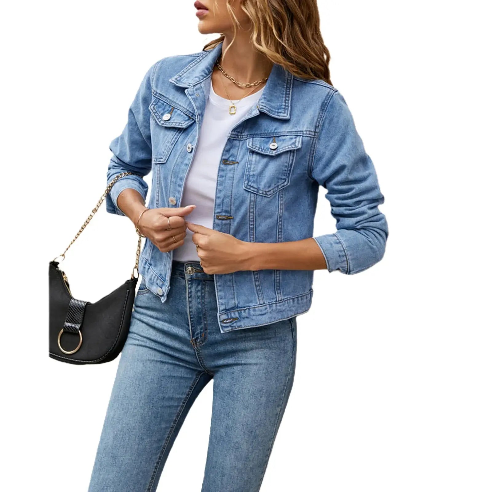 Women's Denim Jackets Fashion Female Casual Long Sleeve Lapel Solid Button Down Chest Pocket Slim Jean Jacket Fall Winter Coat - Lady T Fashions