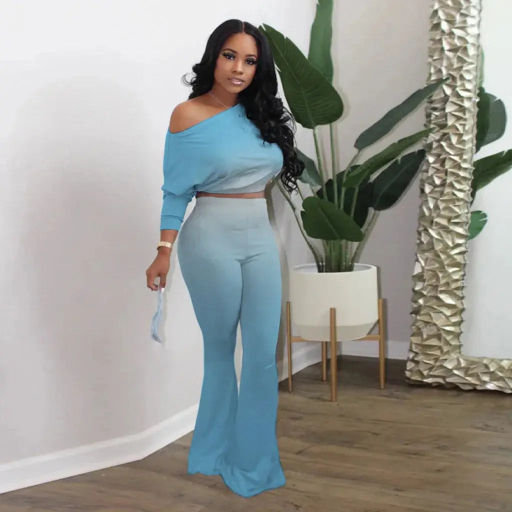Women's long pants set gradient color solid color sloping shoulder top slim fit flared pants home wear two-piece set plus size - Lady T Fashions