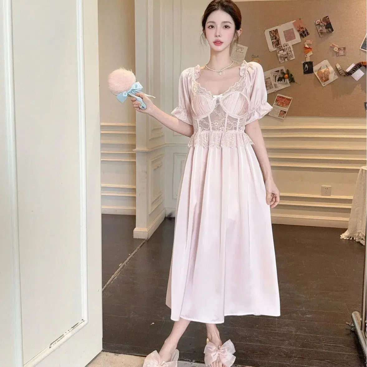 Women Long Nightgown Sleepwear Elegant Retro Court Style Nightdress Home Dressing Gown Spring Summer Rayon Sexy Lace Loungewear - Lady T Fashions