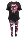 LW Plus Size Two pieces sets casual women's clothing  short sleeve Camo Lip Print Round neck T-shirt + skinny Pants Set - Lady T Fashions