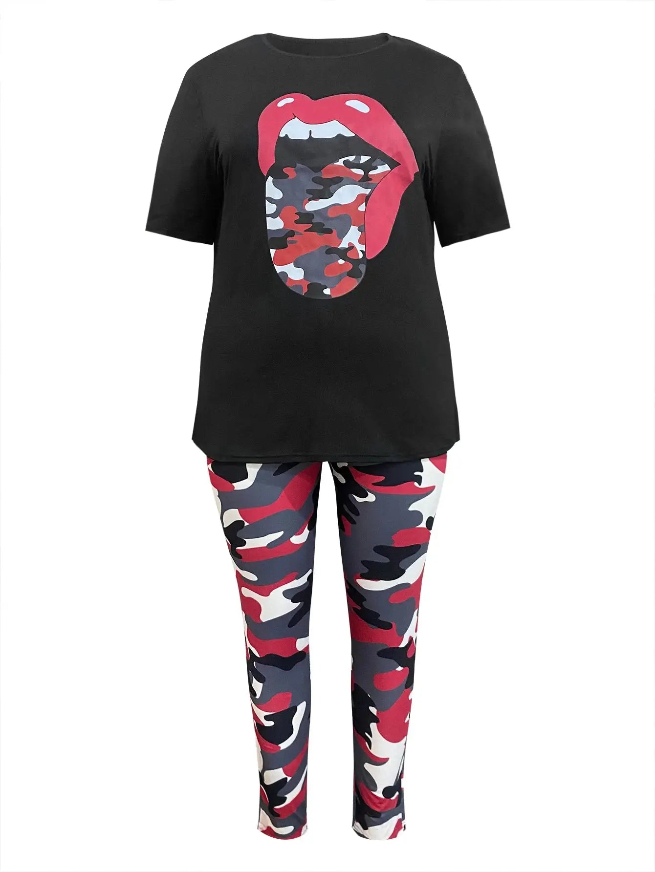 LW Plus Size Two pieces sets casual women's clothing  short sleeve Camo Lip Print Round neck T-shirt + skinny Pants Set - Lady T Fashions