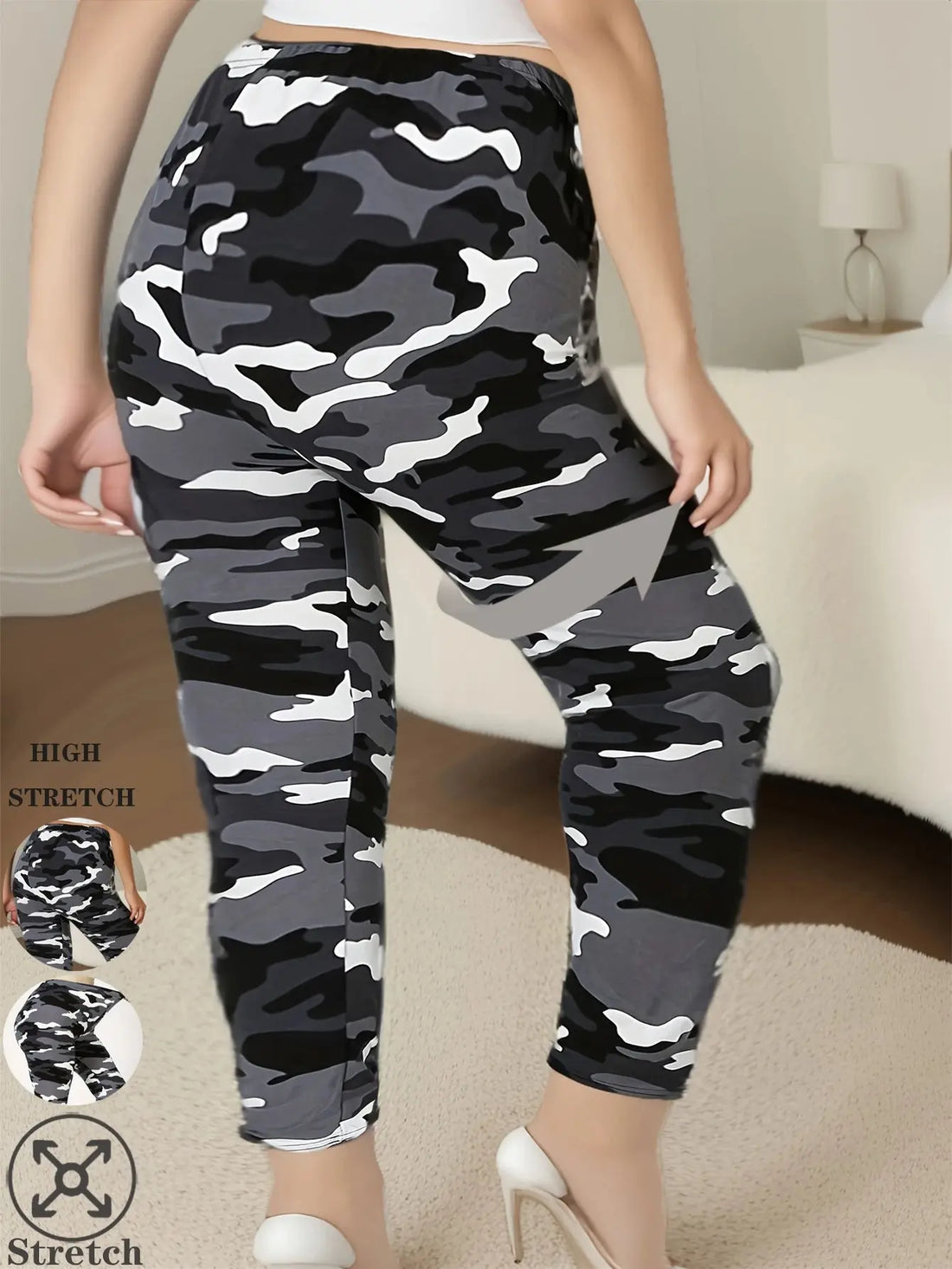 CUHAKCI Plus Size High Stretch Women's Leggings Camouflage White Gray Pants Sports casual tight fit Sports Cropped Pants - Lady T Fashions