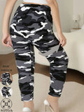 CUHAKCI Plus Size High Stretch Women's Leggings Camouflage White Gray Pants Sports casual tight fit Sports Cropped Pants - Lady T Fashions