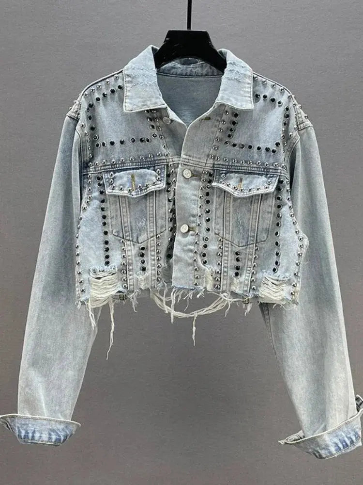 Womens Denim Jacket 2024 Spring Summer New in Heavy Industry Rivet Studded Jean Jacket Women Worn Nail Bead Jean Jacket Top - Lady T Fashions
