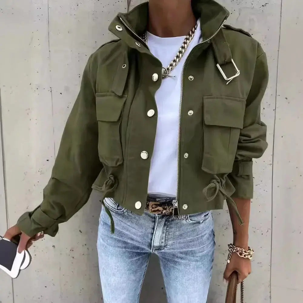 Jackets Women Coats Stand Collar Coat Zipper Print Y2k Tops Streetwear Casual Outerwear Single Breasted Spring Work Jacket - Lady T Fashions
