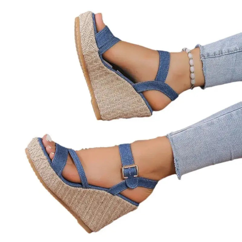 2025 Summer NewPlus-size Wedge Sandal Lady Cowboy Simple Commuting Muffin Bottom Summer Slope with Sandals Women High Heels - Lady T Fashions