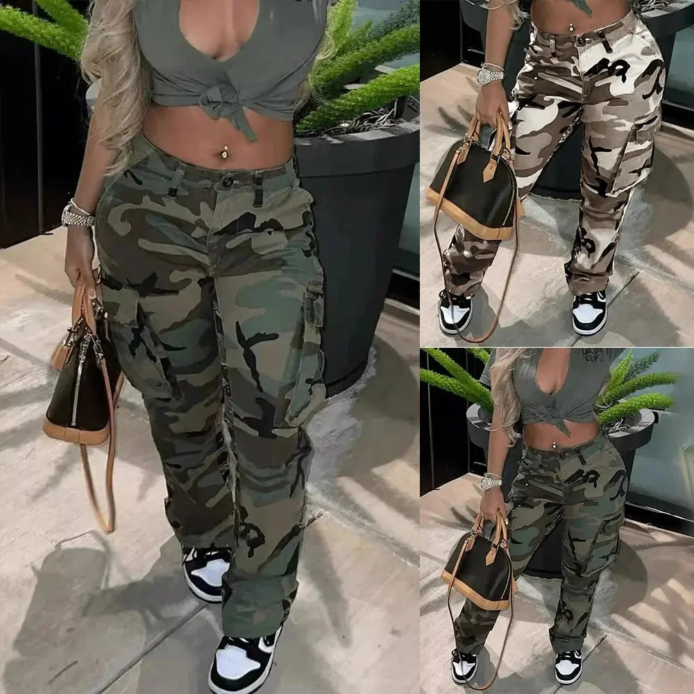 Women Vintage Pants High Waist Casual Y2K  Trousers Cargo Long Pant Female Camo Pants - Lady T Fashions