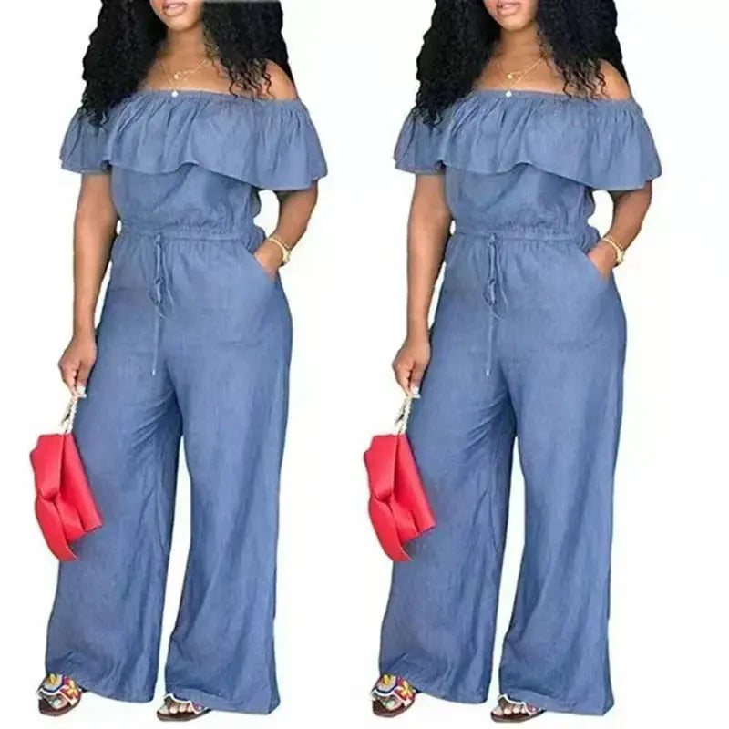 Women's Sexy Strapless Romper - Denim Wide Leg Jumpsuit with Ruffles Summer Beachwear - Lady T Fashions