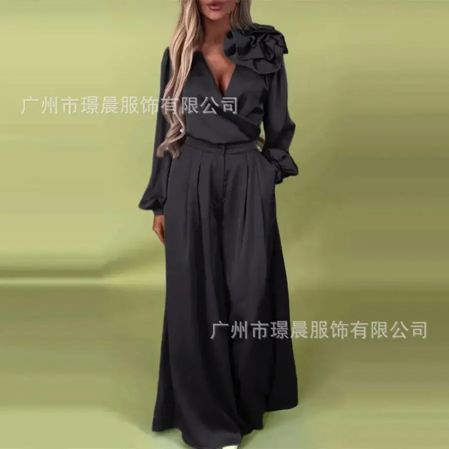 Women Pants Set Elegant 3d Flower Satin Suit For Women V Neck Blouse Wide Leg Casual Loose  Trousers Set Formal Commuting Lady T Fashions