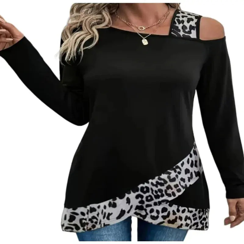 Plus Size Women's Fashion 1XL-5XL Women's Fashion Off Shoulder Color Blocked Long Sleeved T-shir Ladies Casual Long Sleeves Blouse Shirt Top - Lady T Fashions