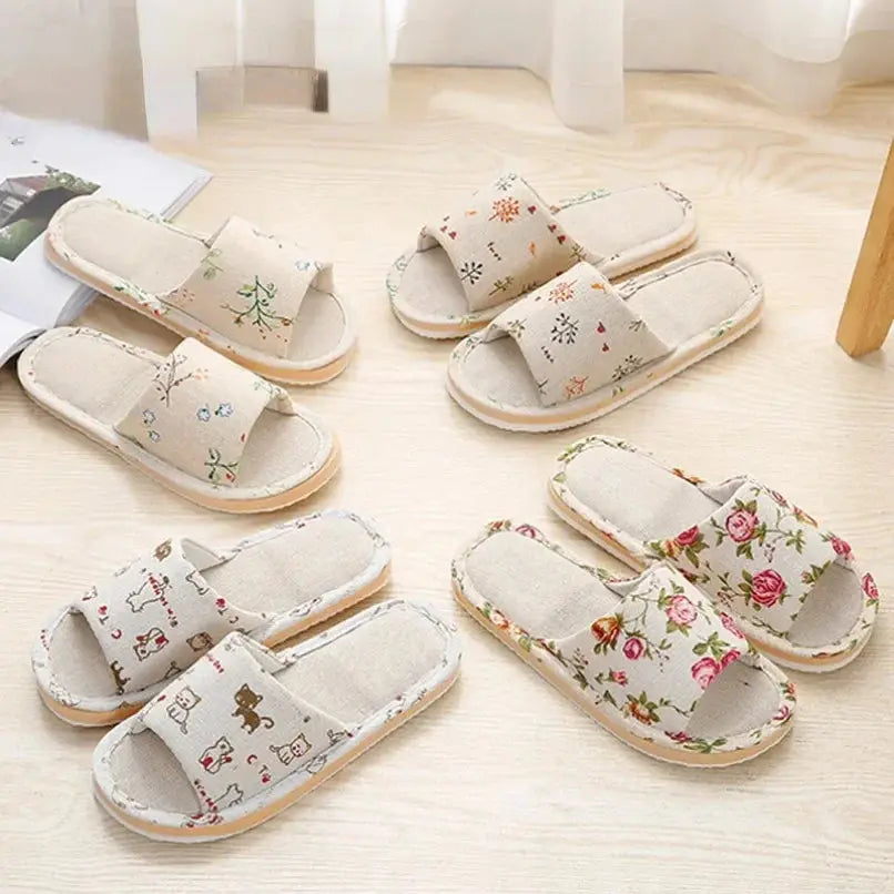 House Linen Slippers Women Floral Autumn Cute Home Indoor Non Slip Funny Sandals Cartoon Kawaii Cat Shoes Flat Flax Striped Lady T Fashions