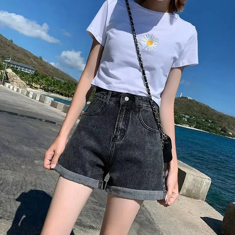 Shorts Women Black Gray Denim Shorts For Women Summer High Waist  Loose Ropa Mujer - Lady T Fashions