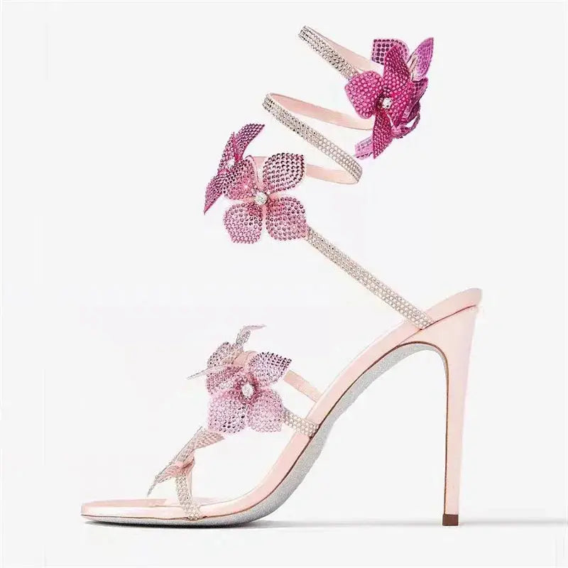 Eilyken Street Style CRYSTAL Flower Thin Heels Women Sandals Sexy Narrow Band Ankle Strap Ladies Shoes Zapatos De Mujer - Lady T Fashions