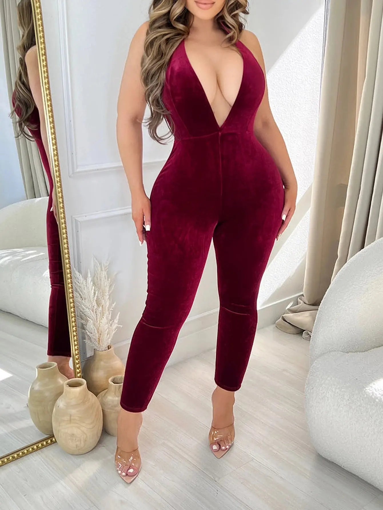 Women's sexy hot girl deep V-neck hanging neck velvet backless tight jumpsuit - Lady T Fashions