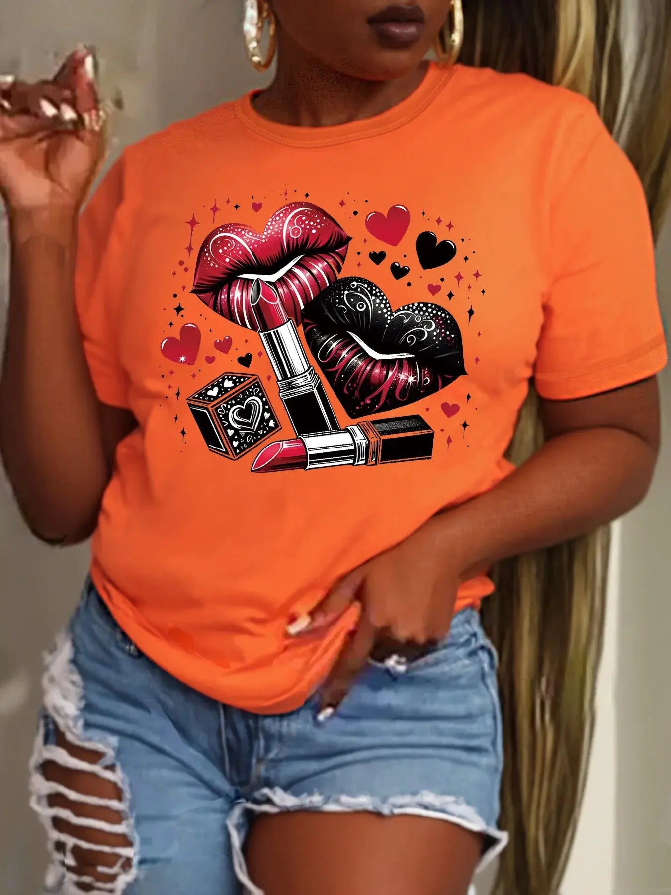 Women Plus Size Clothing Summer Round Neck Short Sleeve Printed Love Lips Lipstick Fashion Plus Size T-Shirts Y2k Top - Lady T Fashions