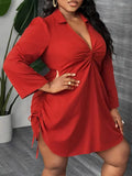 Plus Size Women's Elegant Long Sleeve Shirt Dress for Work, Party and Dating Twisted Front Waist Drawstring, Spring and Autumn - Lady T Fashions