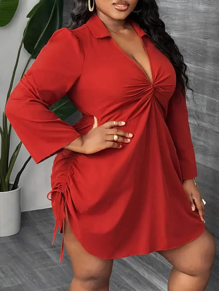 Plus Size Women's Elegant Long Sleeve Shirt Dress for Work, Party and Dating Twisted Front Waist Drawstring, Spring and Autumn - Lady T Fashions