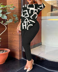 Autumn Women's Clothing New Fashion Print Sexy Backless Round Neck Five Quarter Sleeve Pants Two-piece Casual Comfortable Set - Lady T Fashions