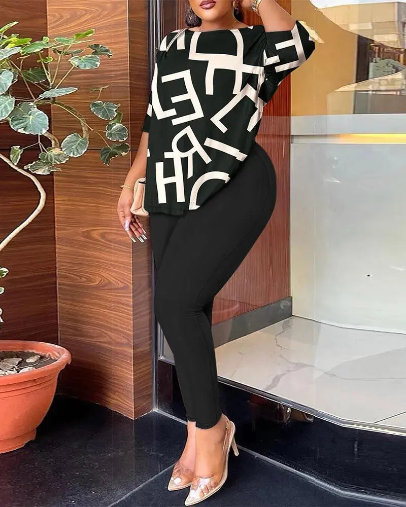 Autumn Women's Clothing New Fashion Print Sexy Backless Round Neck Five Quarter Sleeve Pants Two-piece Casual Comfortable Set - Lady T Fashions