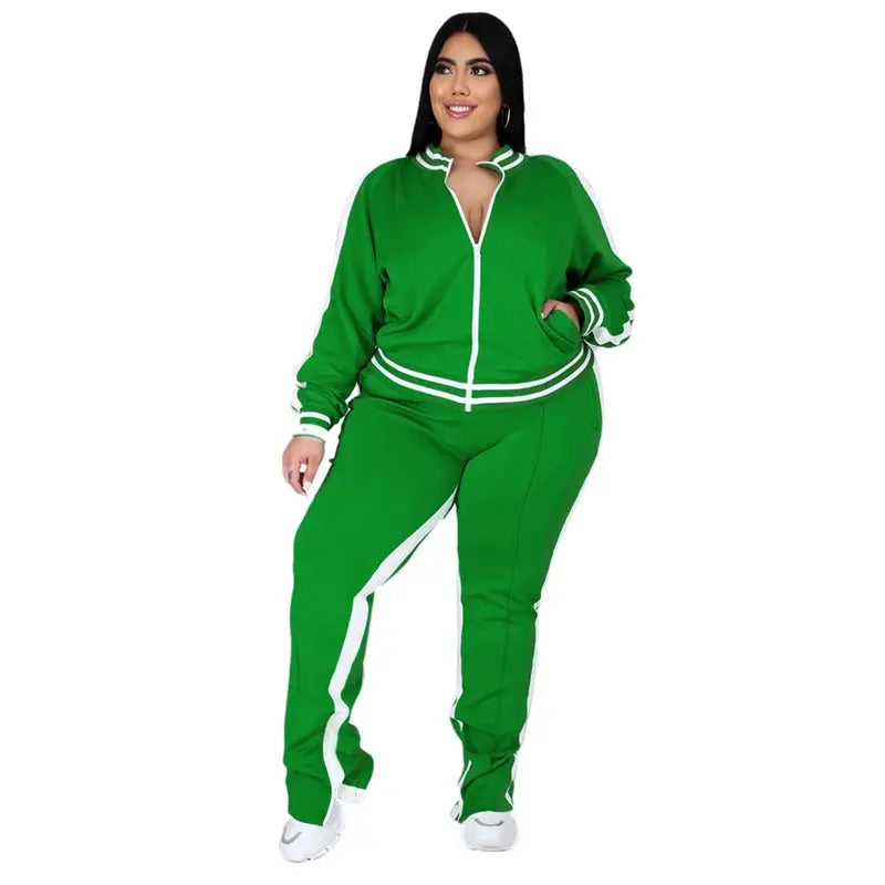 Plus Size L-5XL Two Piece Set Women Sweatsuit Zip Striped Top Slit Sweatpants Jogger Outfit Matching Set Wholesale Dropshipping - Lady T Fashions