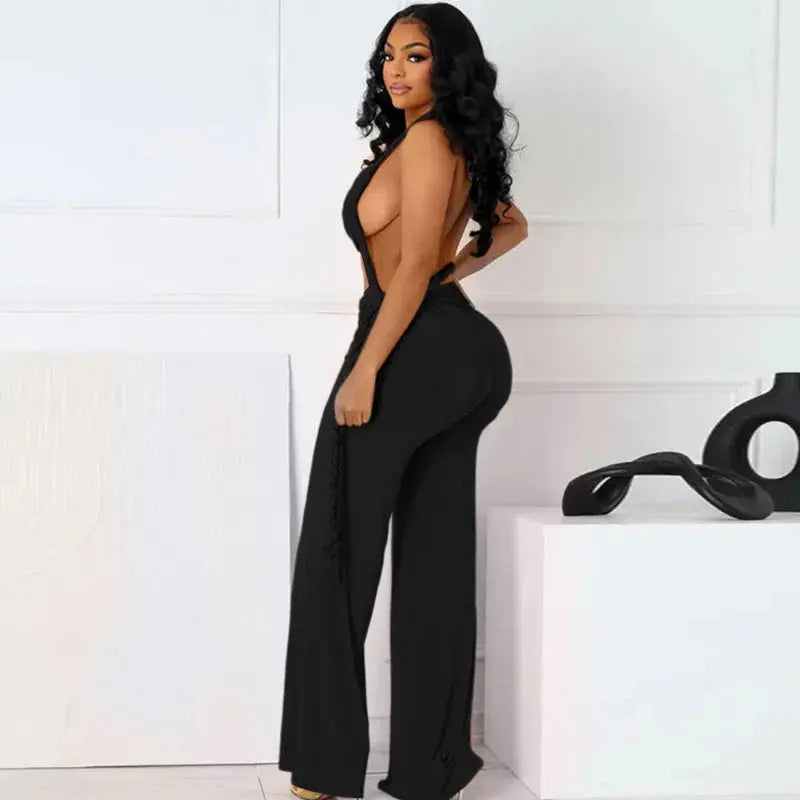 FAGADOER Sexy Ruched Patchwork Bodycon Jumpsuits For Woman Halter Sleeveless Wide-leg Romper Female Streetwear Overalls 2025 New - Lady T Fashions