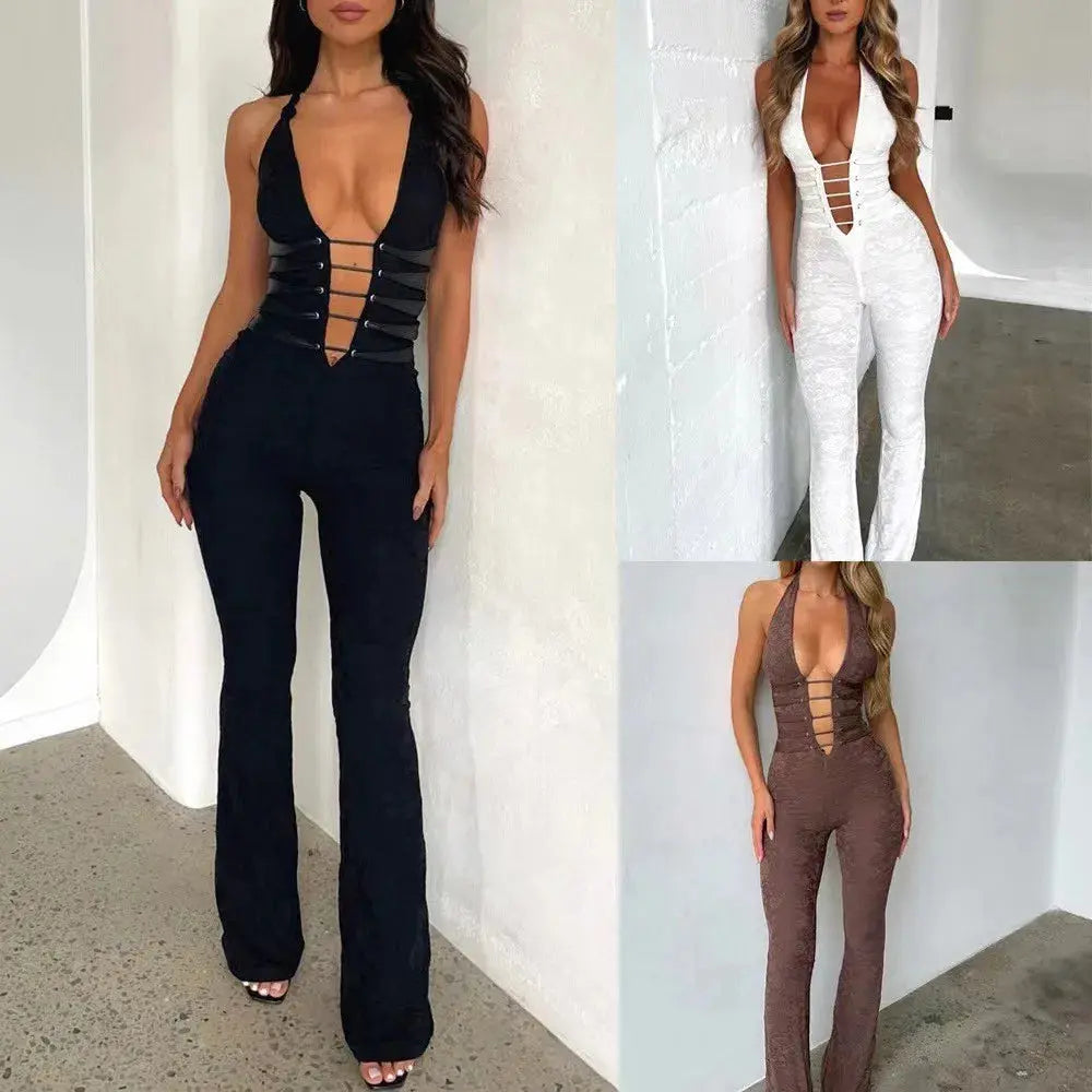 Sexy Lace Trousers Deep V Strap-on Neck Jumpsuit 2025 Spring/summer New Fashion High Street Women's Clothing - Lady T Fashions