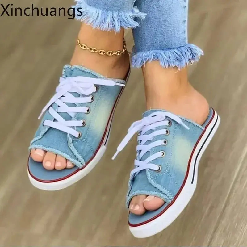 Women Canvas Flat Slipper Lace Up Peep Toe Casual Shoe Female Fashion Denim Beach Shoes - Lady T Fashions