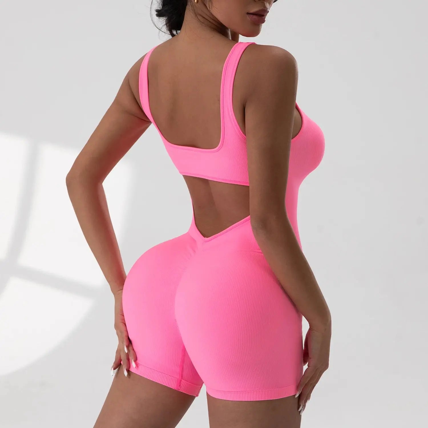 Women Sexy Hollow Out Bodysuit Seamless Square Neck Backless Bodysuit Fitness Yoga Trainning High Elastic Sports Short Bodysuit - Lady T Fashions