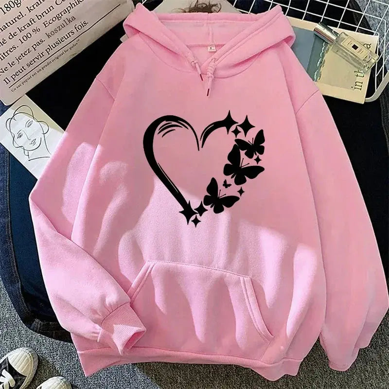 Heart Printed Hoodies for Woman Autumn Winter Daily Casual Sporty Hooded Sweatshirts Female Home Outdoor Comfort Loose Pullover - Lady T Fashions