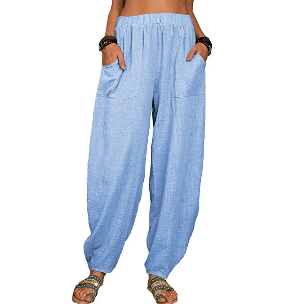 Women Harem Pants Summer Casual Vintage Cotton Linen Pants Elastic Waist Wide Leg Retro Loose Pockets Female Mom Trousers S-5XL Lady T Fashions