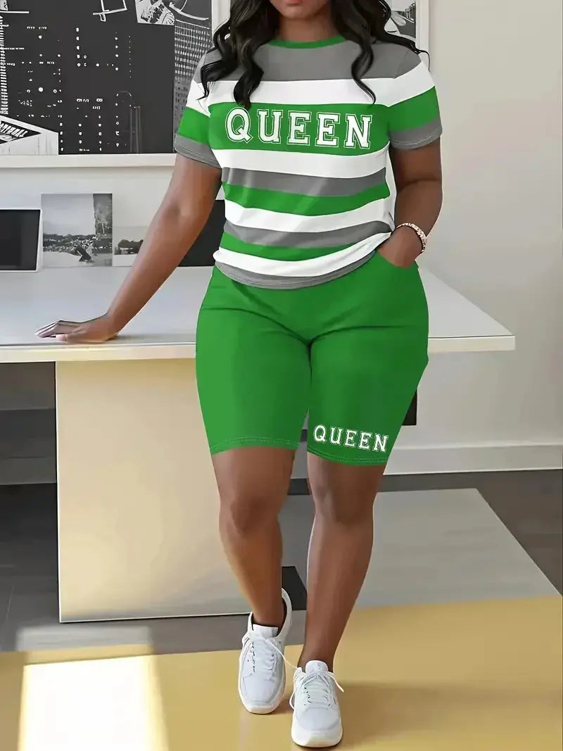 Plus Size Summer Outfits Biker Shorts Set Crew Neck Short Sleeve Positioning Printing Queen Plus Size 2 Piece Set Women - Lady T Fashions