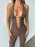 Sexy Lace Trousers Deep V Strap-on Neck Jumpsuit 2025 Spring/summer New Fashion High Street Women's Clothing - Lady T Fashions