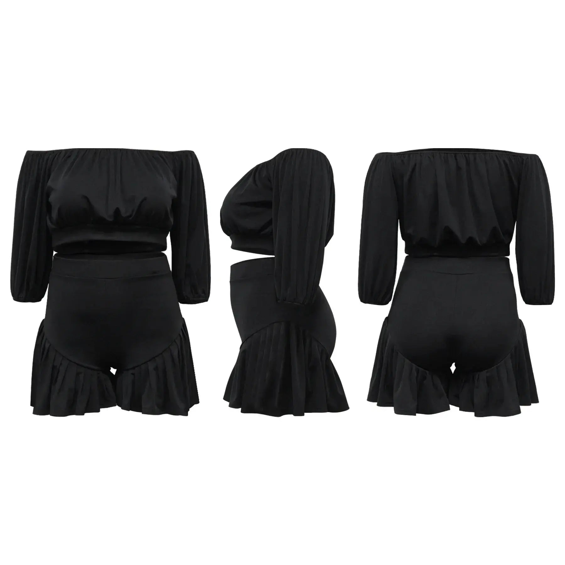 CM.YAYA Plus Size Women's Set Long Sleeve Slash Neck T-Shirt and Shorts 2025 Summer Ruched Two 2 Piece Set Outfits Tracksuit - Lady T Fashions