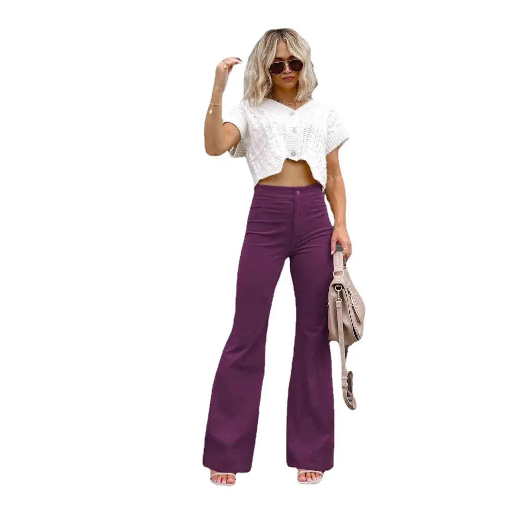 Women Pants Elegant Corduroy Autumn Winter Fashion Slim Casual Female New Solid Mid-waist Street Long Flare Clothing Lugentolo - Lady T Fashions
