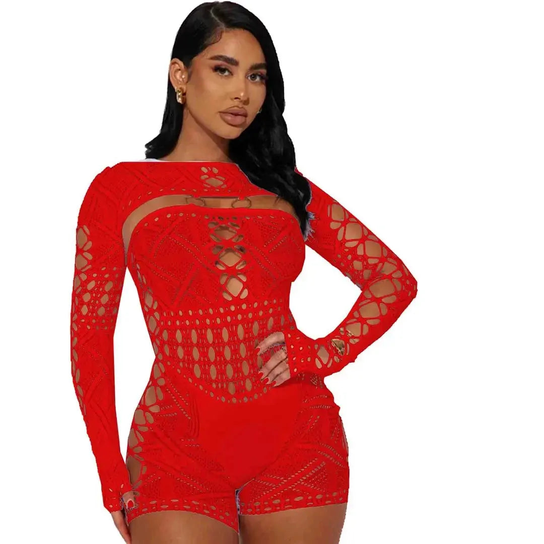 Women's Sexy Long Sleeve Jumpsuit See Through Outfit Sheer Mesh Hollow Out Night Club Short Romper - Lady T Fashions