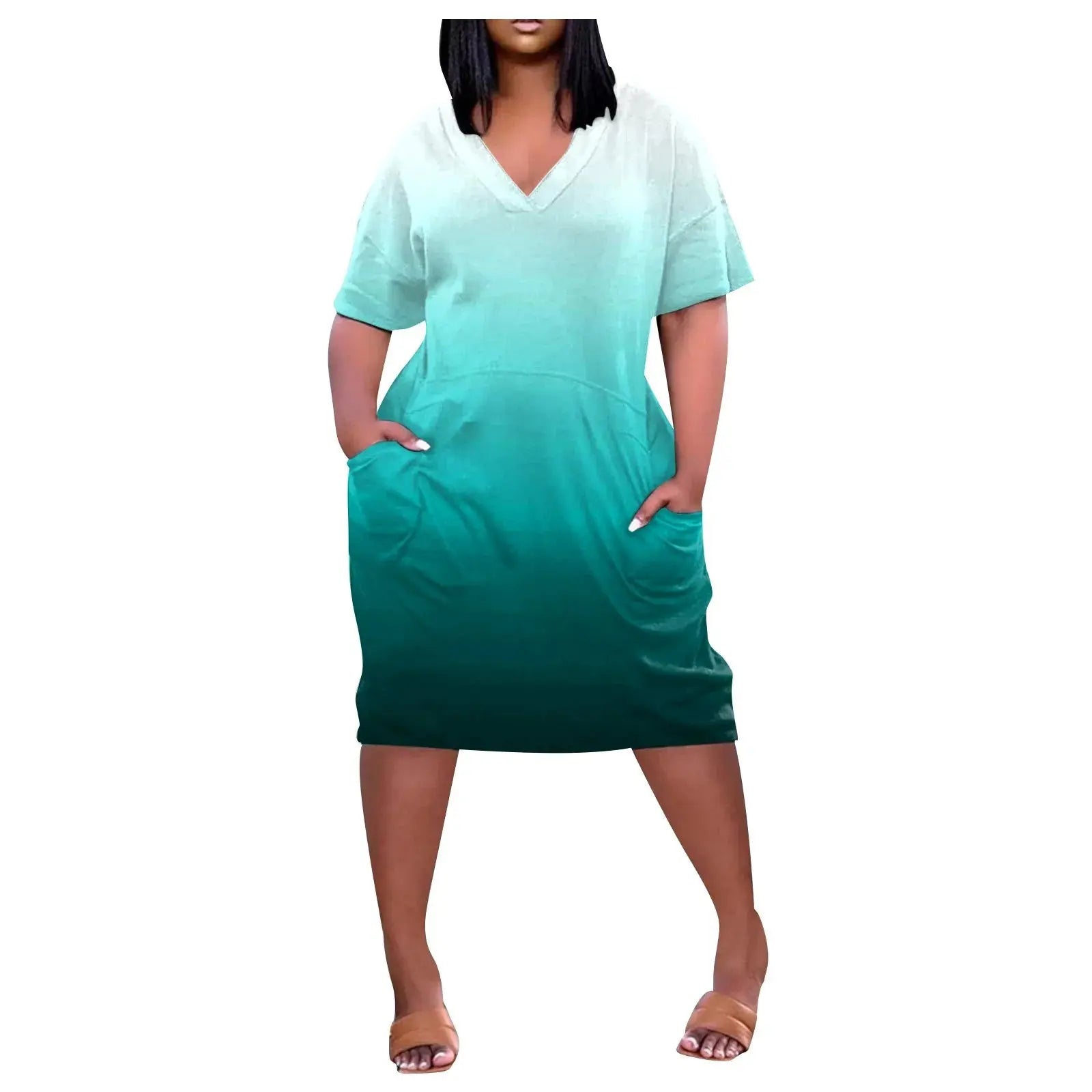 y2k 2025 Summer V Neck Short Sleeve Dress Knee Pocket Casual Daily Dress Harajuku Style Women's Clothing  Plus Size L-5XL - Lady T Fashions