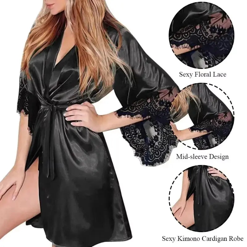 Women Night Gown Robe with G String Floral Lace Bathrobe Halt Sleeve Nightdress Female French Sexy Silky Satin Sleepwear - Lady T Fashions