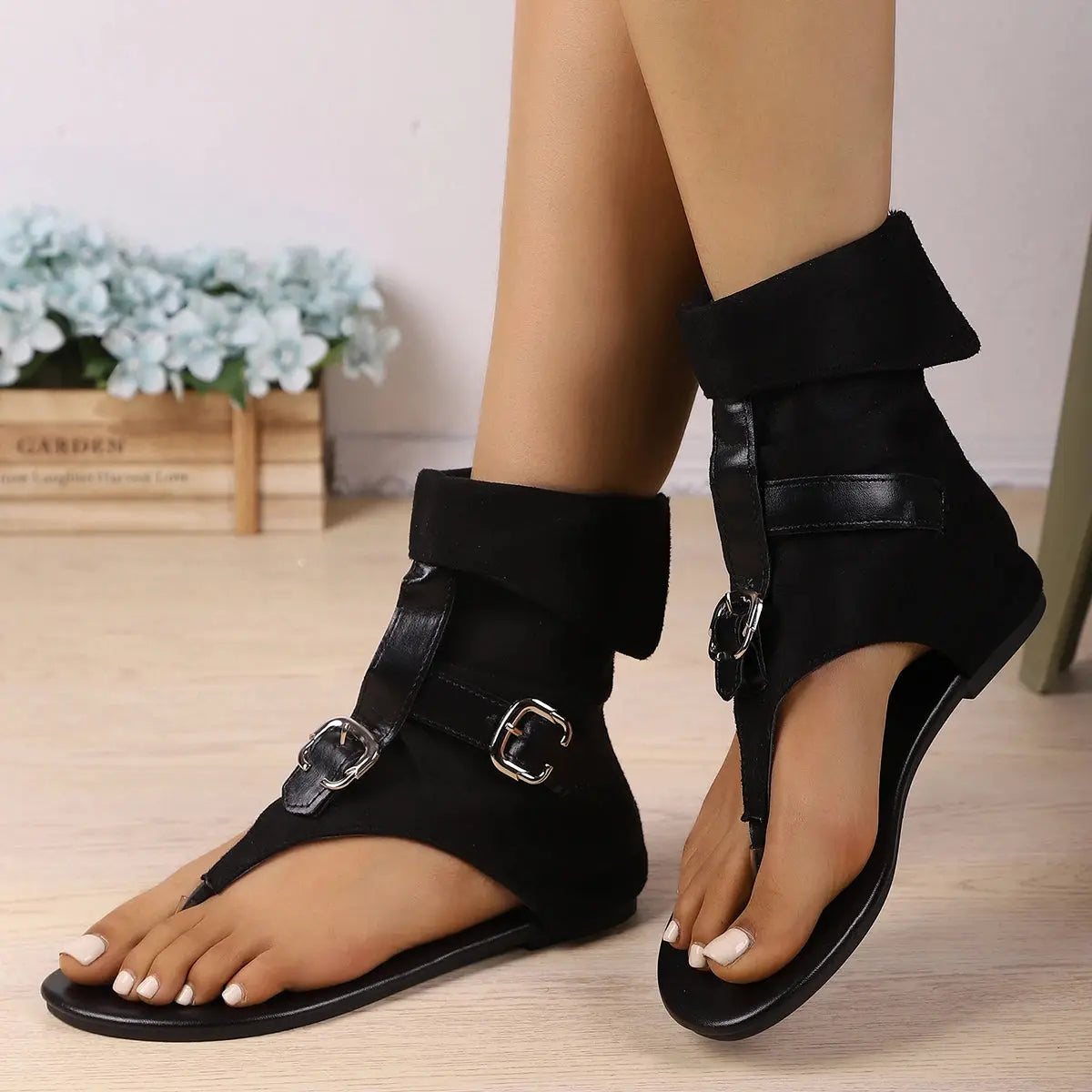 Women Sandals Denim Belt Buckle Large Size High Top Flat Boots New Summer Clip Toe Roman Sandals Dressy Casual Shoes Women Lady T Fashions