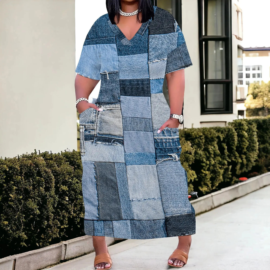 Patchwork Denim Print Casual Plus Size Maxi Dress - Lady T Fashions