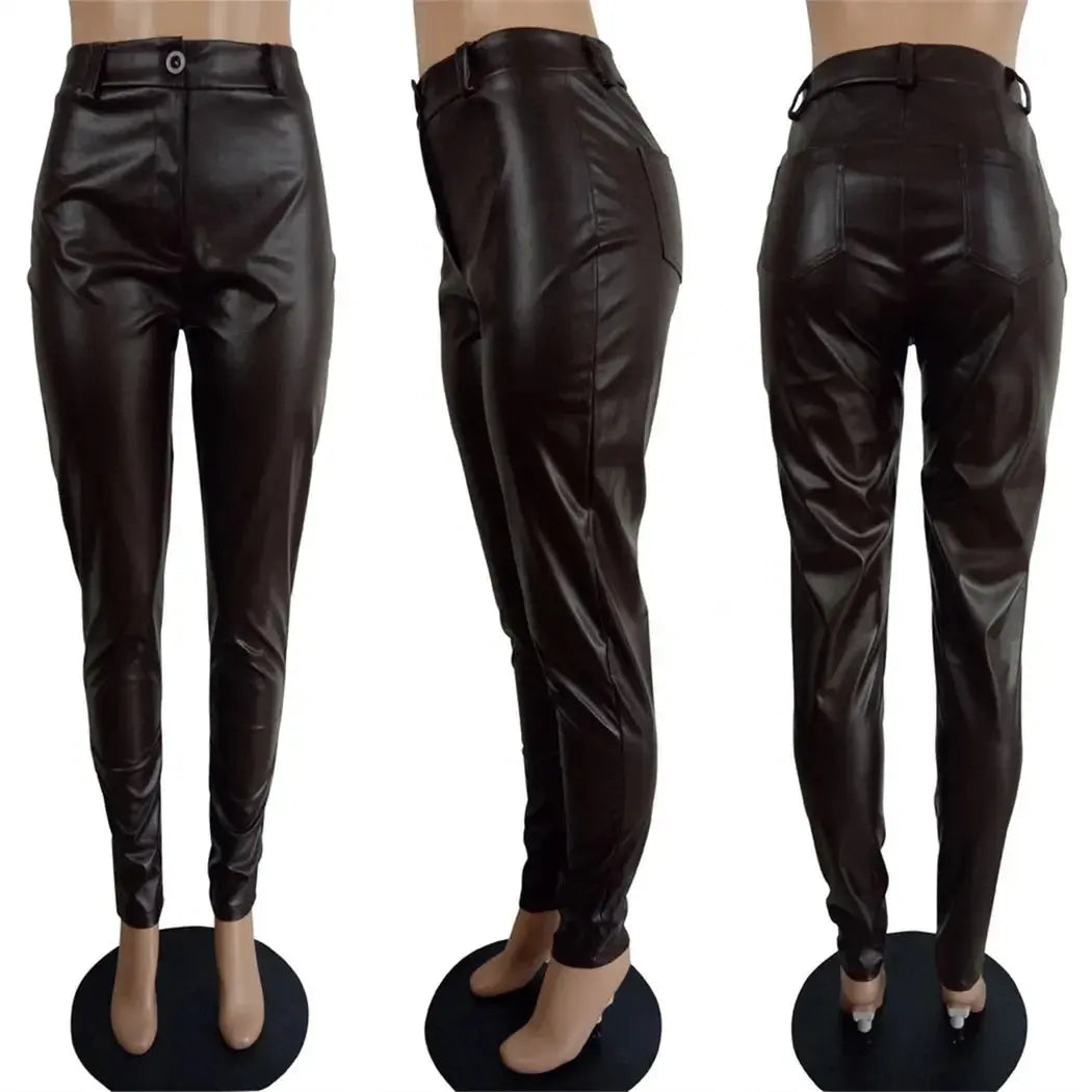 CM.YAYA Fall Winter Faux PU Leather Women Pencil Pants Skinny Bodycon High Waist Zipper Fly Trouser - Lady T Fashions