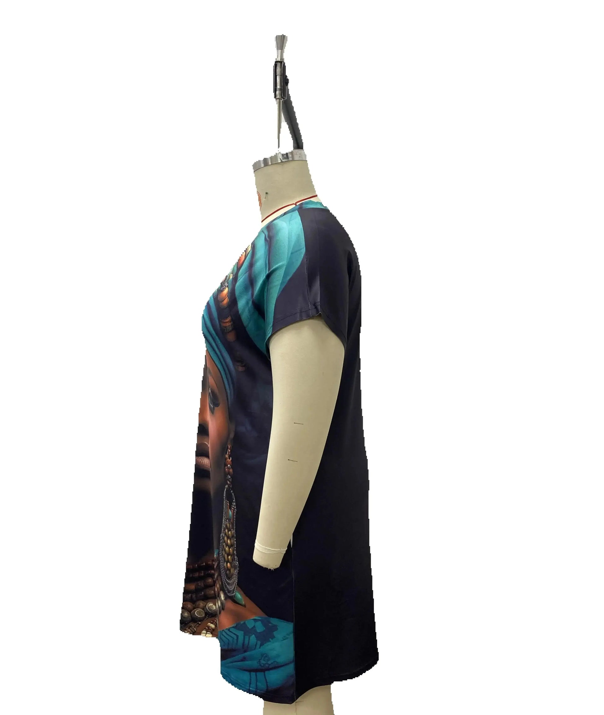 Casual Chic V-Neck Short Sleeve Dress with Artistic Portrait Print and Patchwork Detailing - Lady T Fashions