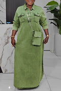Plus Size Dresses Daily Light Blue Shirt Collar Long Sleeve Button Pocket Tencel Denim Maxi Dresses 2025 Women - Lady T Fashions