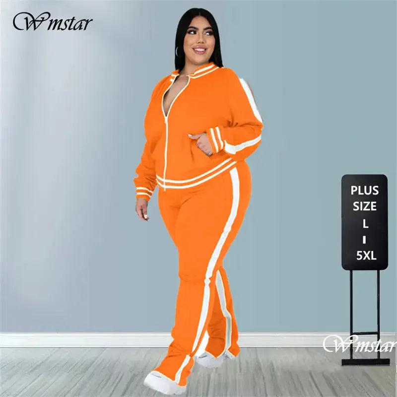 Plus Size L-5XL Two Piece Set Women Sweatsuit Zip Striped Top Slit Sweatpants Jogger Outfit Matching Set Wholesale Dropshipping - Lady T Fashions