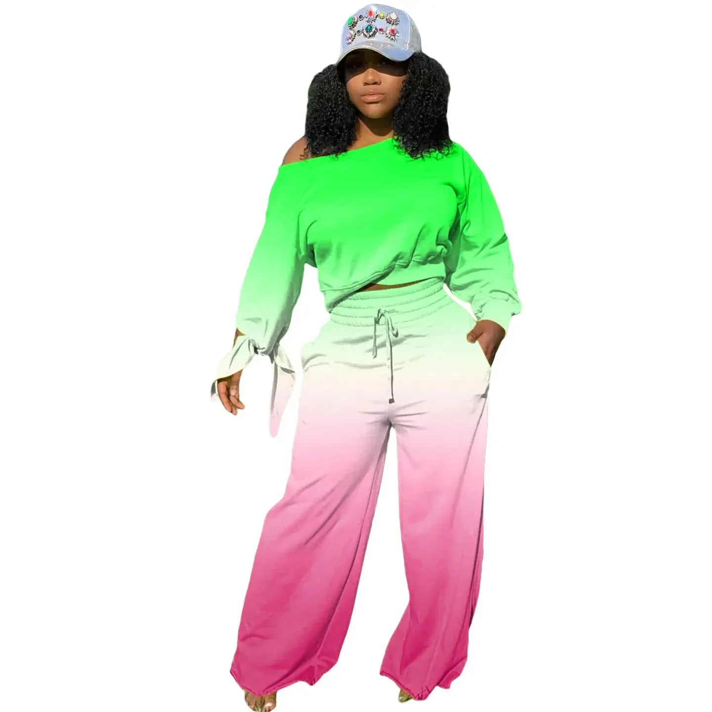 Women's clothing long pants set gradient color trendy long sleeved knotted wide leg pants set autumn and winter styles plus size - Lady T Fashions