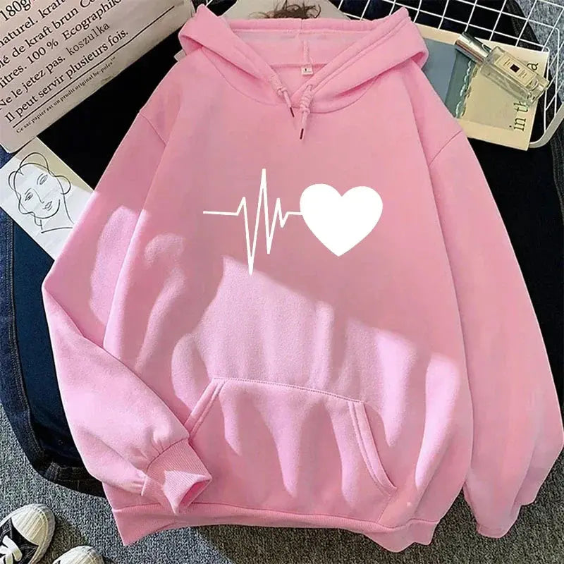 Woman Hooded Sweatshirt Casual Fashion Heart Print Hoodies Ladies Home Outdoor Comfort Warm Pullover Daily Sport Loose Hoody Top - Lady T Fashions