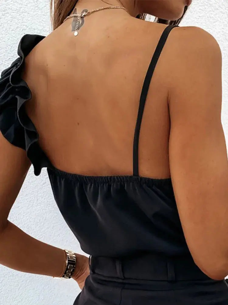 Women Summer Blouse Shirts Sexy V Neck Ruffle Blouses Backless Spaghetti Strap Office Ladies Sleeveless Casual Tops - Lady T Fashions