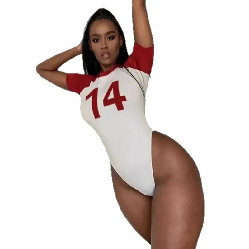STYLISH LADY Number 14 Printed Bodysuits 2025 Summer Women Short Sleeve O Neck Patchwork Contrast Color Sexy Club Street Rompers - Lady T Fashions